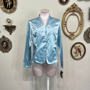 Vintage Laura Scott Petite Blue Satin Embroidered Blouse – Size 12P